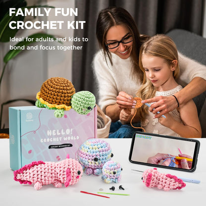 Crochet Kit for Beginners, 5 Pack Amigurumi Beginner Crochet Kits Animals, Crochet Turtle Axolotl Octopus Crocheting Kit, Easy Knitting Kit for Beginners with Step-by-Step Video Craft Kits for Adults