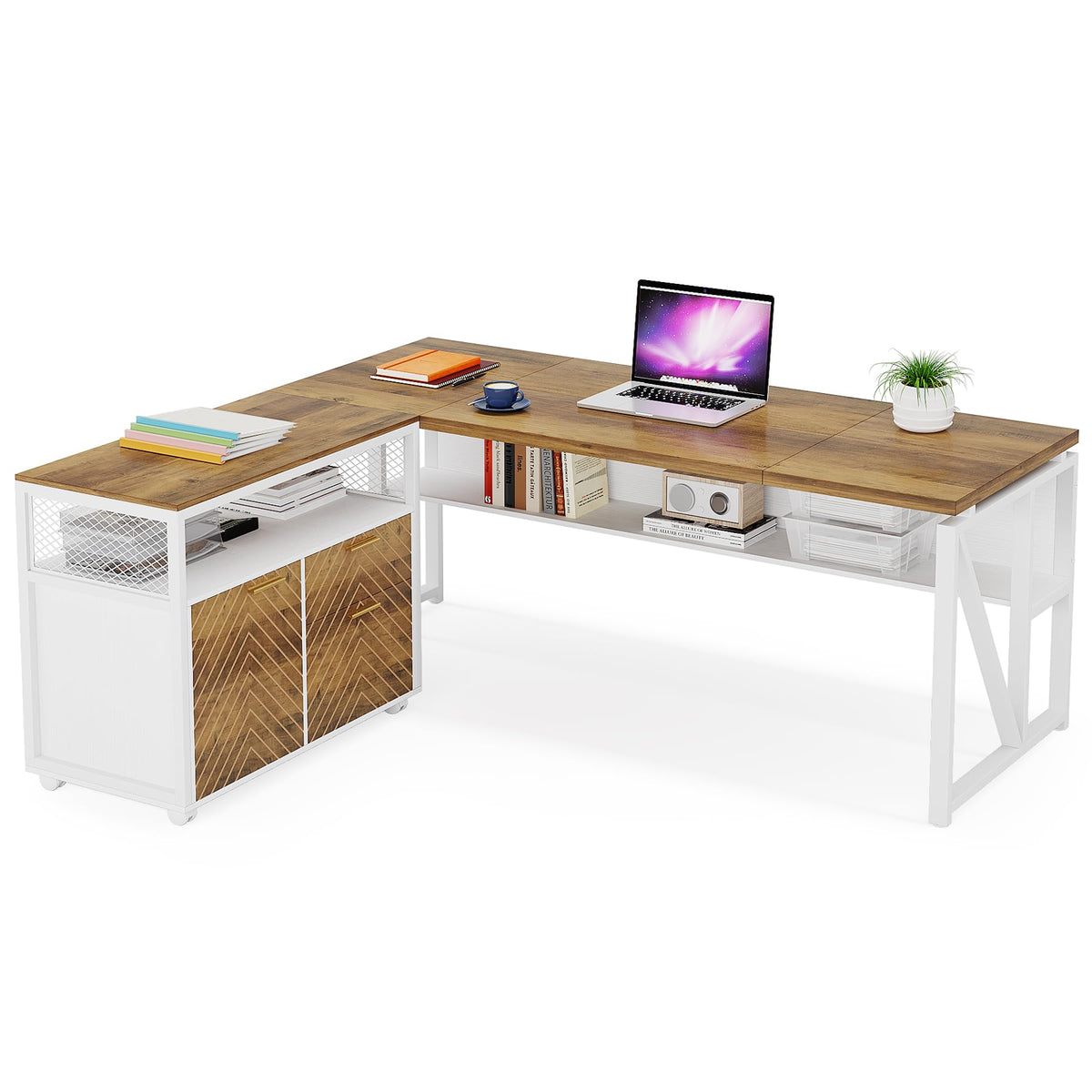 Tribesigns Office Desk with Drawers Sets, 63 inches L Shaped Computer Desk with Mobile File Cabinet,Big Executive Desk for Home Office Furniture Sets (Light Walnut, 63-inch)
