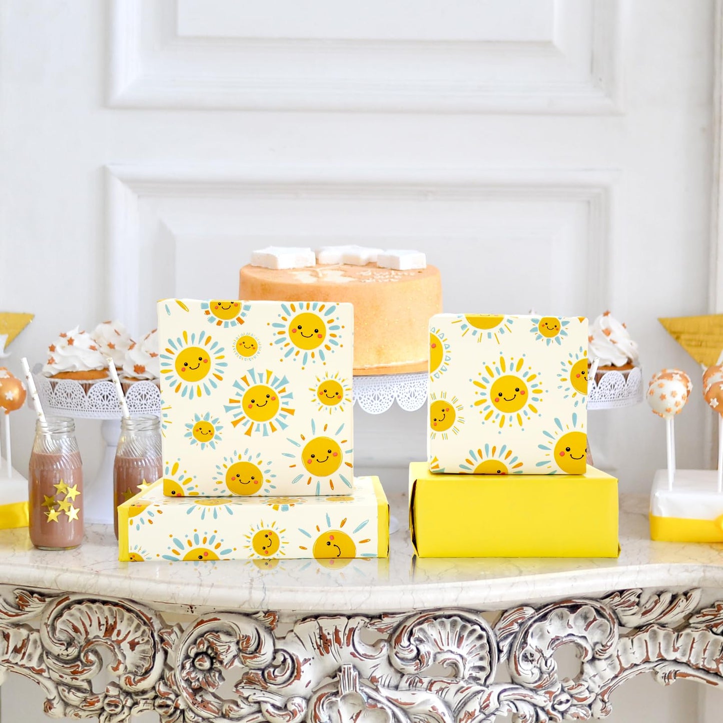 JarThenaAMCS Happy Sun Wrapping Paper - Mini Roll - 17 Inch x 32.8 Ft Blue Yellow Smile Sunshine Gift Wrap Paper Double-Sided for Summer Birthday Baby Shower Party DIY Crafts