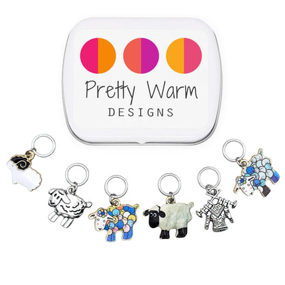 Pretty Warm Designs Sheep Stitch Markers with Storage Tin, Set of 6 Snag Free Rings Fits up to US 8 (5mm) Needles