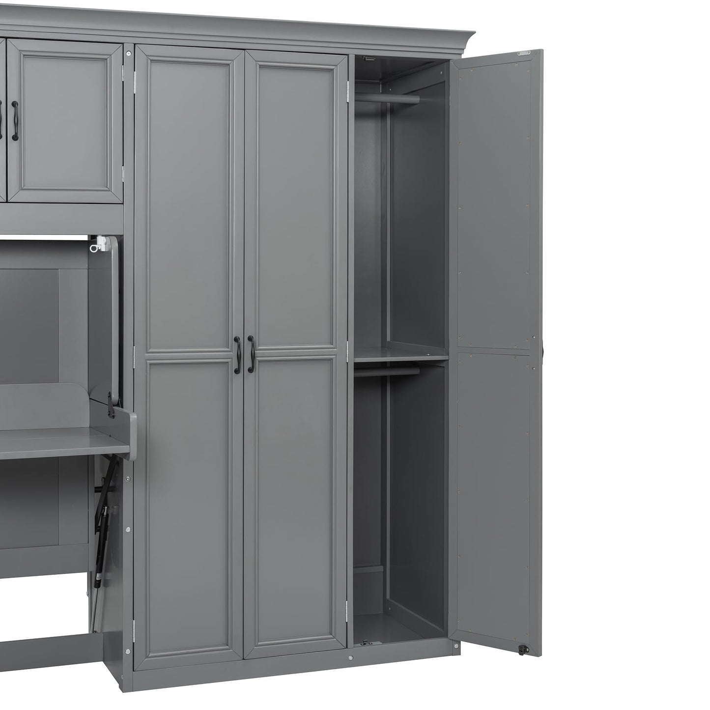 DNYN Murphy Bed with Top Cabinets and Wardrobe, Space-Saving Foldable Wall Bed Frame with Storage Drawers/Shelves/Desk for Bedroom Guest/Study Room, No Box Spring Needed