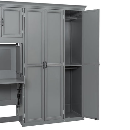 DNYN Murphy Bed with Top Cabinets and Wardrobe, Space-Saving Foldable Wall Bed Frame with Storage Drawers/Shelves/Desk for Bedroom Guest/Study Room, No Box Spring Needed