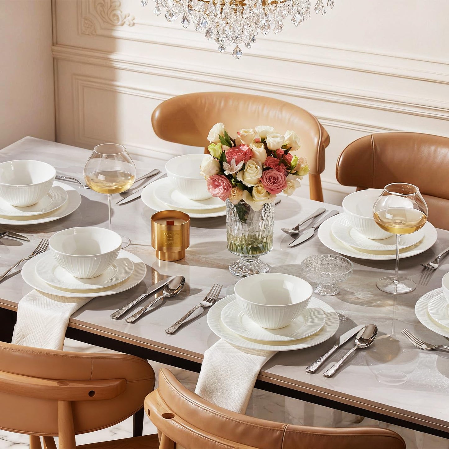 KINGSTONE 24-Piece Bone China Dinnerware Set with 40-Piece flatware, White Lightweight Porcelain Service for 8, for Family Dining, Restaurants, Gifting，Microwave and Dishwasher Safe