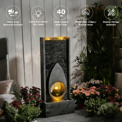 46.5’’Tall Modern Water Fountain Indoor Outdoor Waterfall Feature Floor Standing with Sphere and LED Lights for Garden, Yard, Patio, Deck, Porch, Livingroom Decor