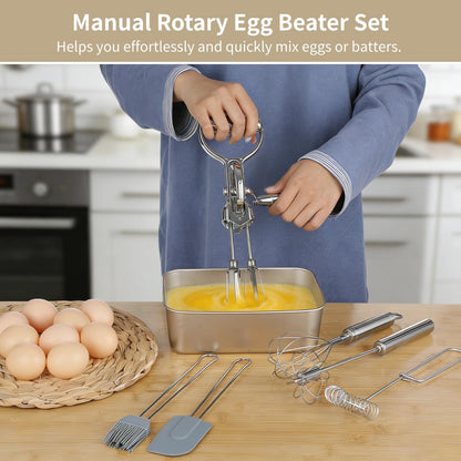 Rotary Egg Beater Set, Manual Rotating Beater with Mixer, Spring Whisk, Semi-automatic Whisk, Silicone Brush, and Spatula, Household Double-head Hand Push Ehisk Accessories