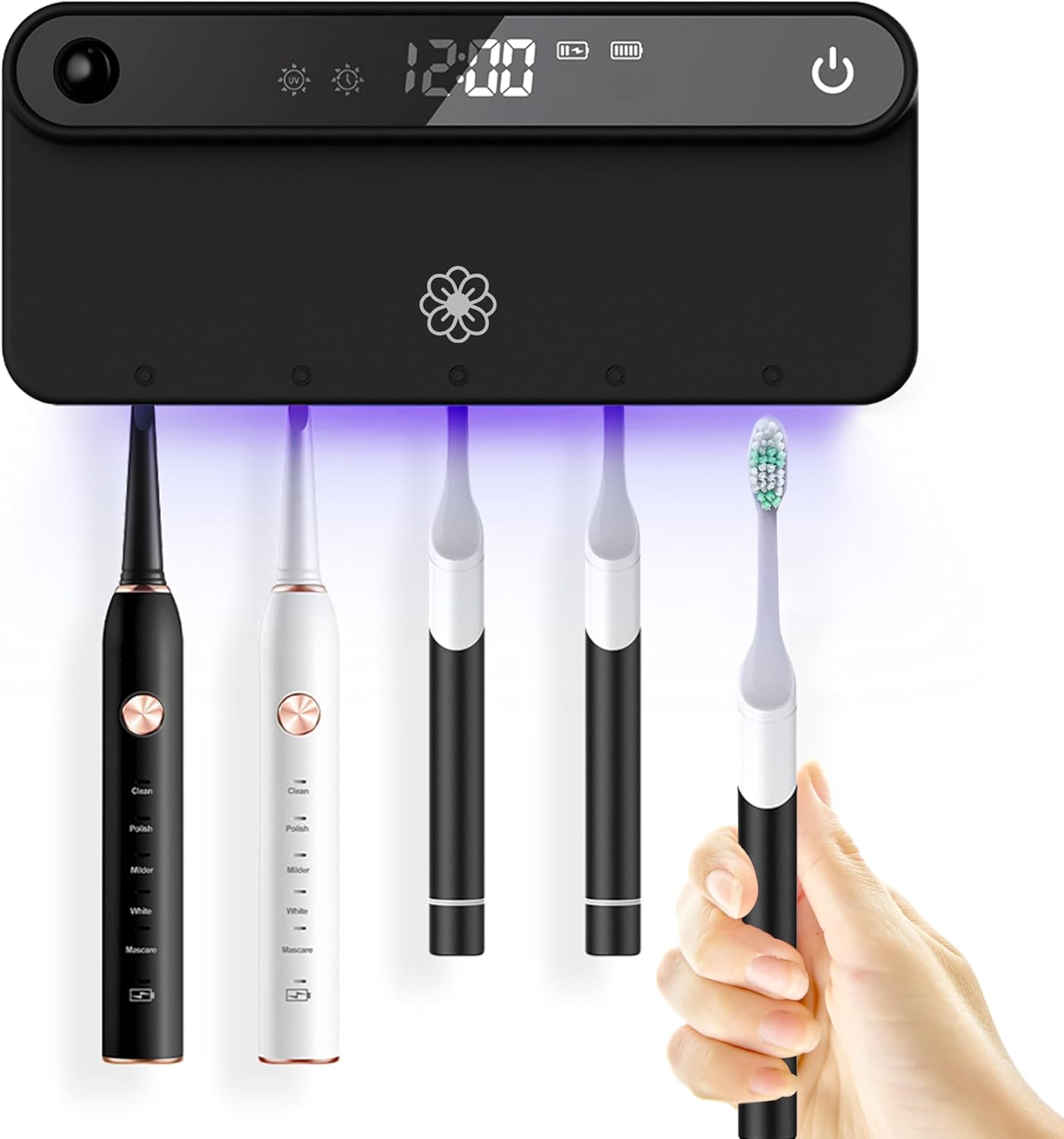 3M 5 Bloom Toothbrush Sanitizer and Holder for Bathroom Walls, Strong Adhesive, Time Display, Long-Lasting Charge