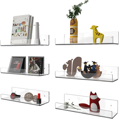 Mavachou 15 inch Display,6pcs 5MM Clear Acrylic Floating Wall Ledge Shelf Wall Mounted Nursery Kids Bookshelf Invisible