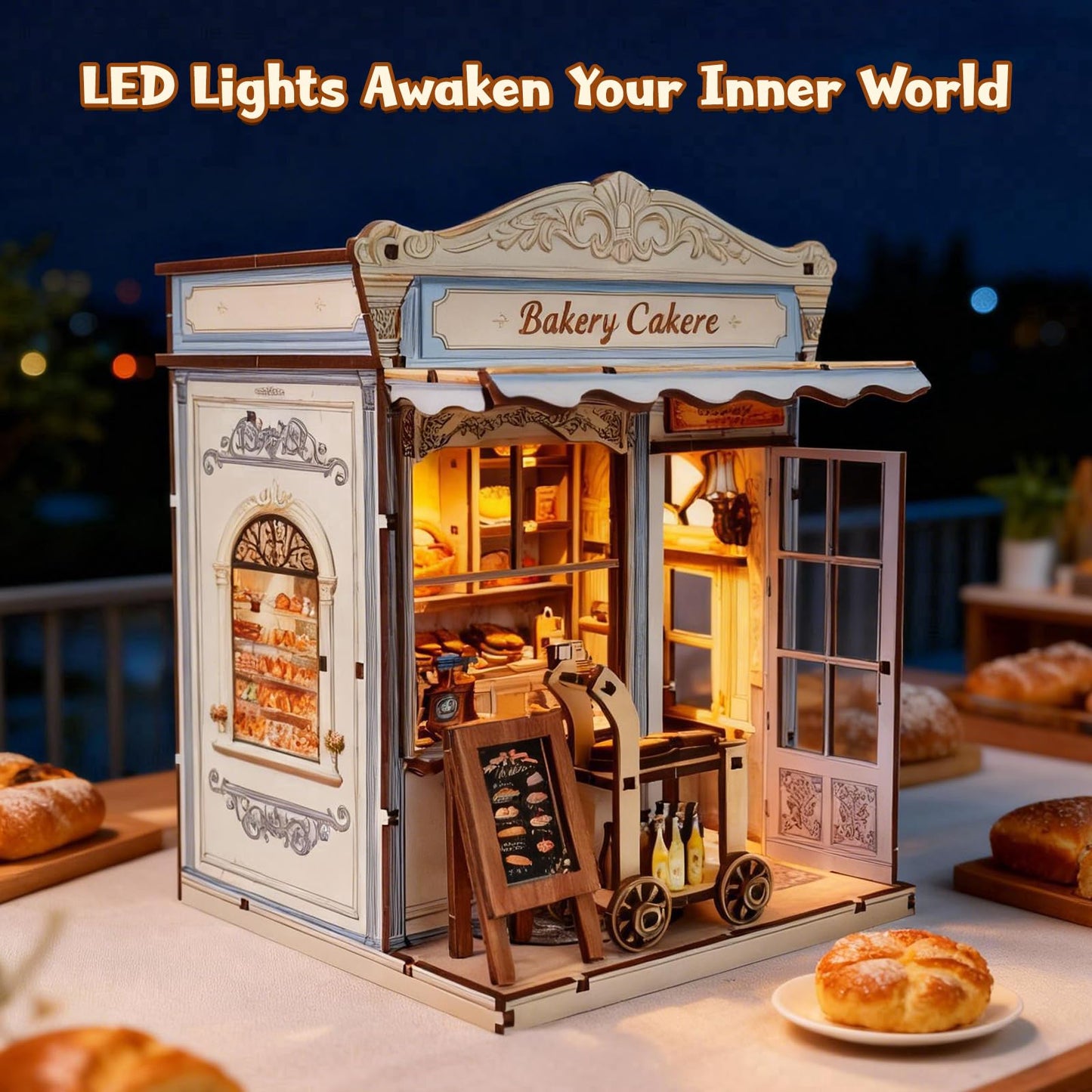 DIY Miniature House Kit, Bakery Book Nook Kit, 3D Wooden Puzzles Bookshelf Craft Kits, Dollhouse Kit with LED Light, Mini Building Kit for Adults Teen to Build(Bakery Shop)