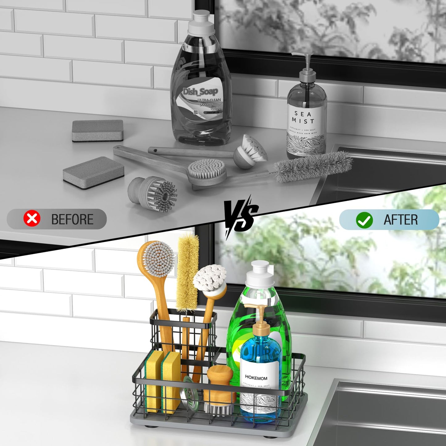 HOKEMOM Kitchen Sink Caddy Organizer, [Stay-Dry Anywhere & No Drainage Needed] Sponge Holder for Kitchen Sink Countertop,Stainless Steel with Rust-Resistant Coating-10.24" L x 6.5" W x 5.83" H