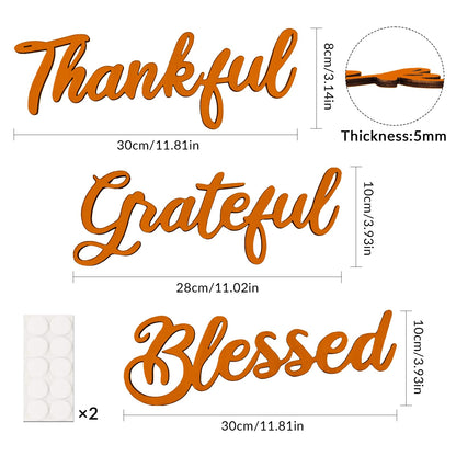 Zaruatu 3 Pcs Unfinished Wood Thanksgiving Cutout Thankful Grateful Blessed Word Sculptures Sign Wooden Letter Decorations for Wreath DIY Crafts Door Hanger Wall Art Decor (Orange-Thankful)