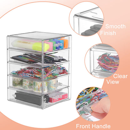 BTSKY Clear Acrylic Storage Organizer with Drawers, 5-Layer Desktop Organizer for Office Essentials, Multi-Purpose Stackable Container for Bathroom Vanity, Desk Makeup Jewelry Container Storage Box