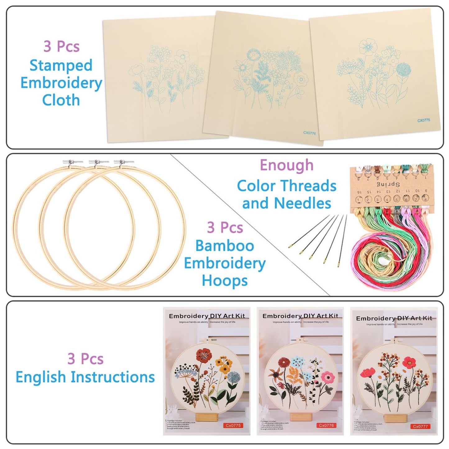 EVERMARKET 3 Pack Embroidery Starter Kits with Pattern, Flowers Stitches Kit for Beginner, Floral Stamped Embroidery Practice Kit for Women, Blooms Embroidery Fabric, Red