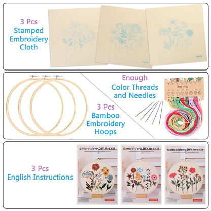 EVERMARKET 3 Pack Embroidery Starter Kits with Pattern, Flowers Stitches Kit for Beginner, Floral Stamped Embroidery Practice Kit for Women, Blooms Embroidery Fabric, Red