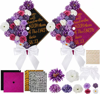 68 Pcs Purple DIY Graduation Cap Decorations Accessory Kit 3D Artificial Flowers White Bows Butterfly Glitter Alphabet Number Pearl Stickers for DIY Hat Grad Cap Topper Graduation Party Supplies