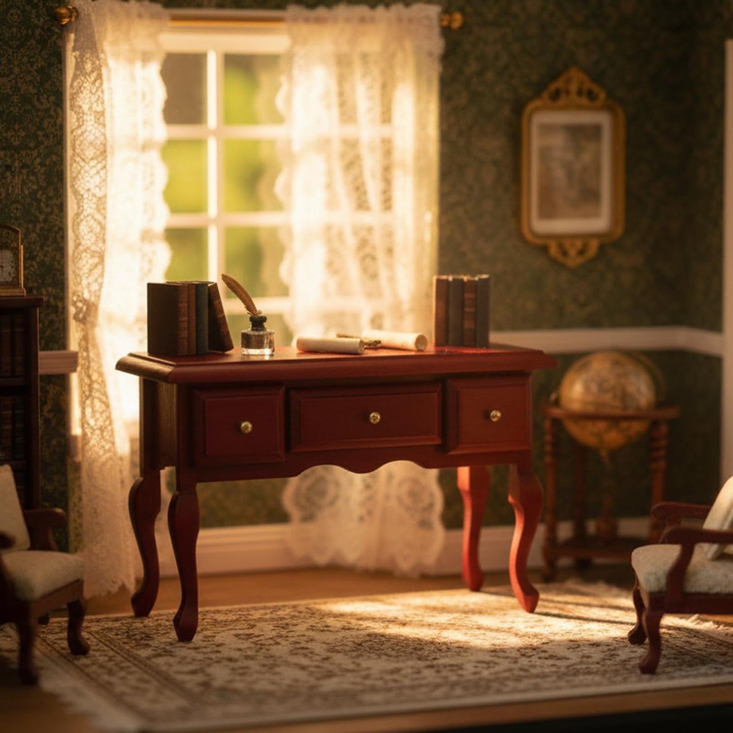 Miniature Table 1:12 Furniture for Dollhouse Accessories Writing Desk with 3 Drawers Miniature Room Ornaments Living Room Bedroom Library Scene Decoration (Brown)