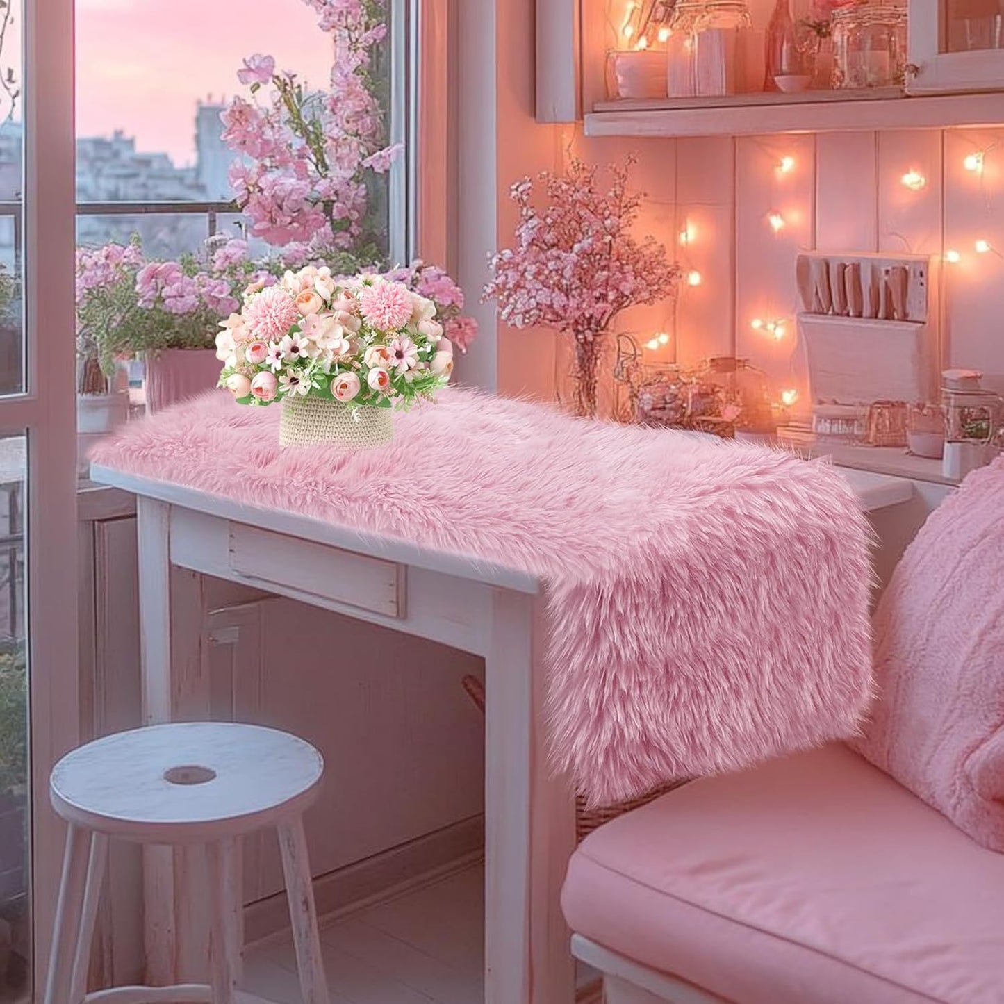 12x36 inch, Pink Table Runner Soft Fluffy Faux Fur Dresser Scarf for Bedroom, Coffee Table, Small Nightstand Cover