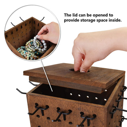 MOOCA Wooden Rotating Four-Sided Pegboard Jewelry Accessories Rack, Rotating Jewelry Display with a Lid for Large Inner Storage Space, 48 Removable Black Hooks, Brown Color