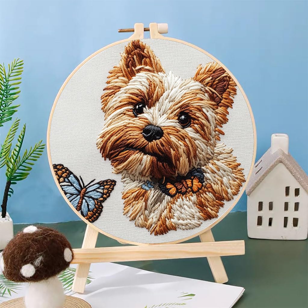 Punch Needle Kits Yorkshire Terrier Dog and Butterfly Embroidery Starter Set with Hoop Easy for Beginners DIY Stress Relief Handmade Craft Hobby and Home Decor 20x20cm-2
