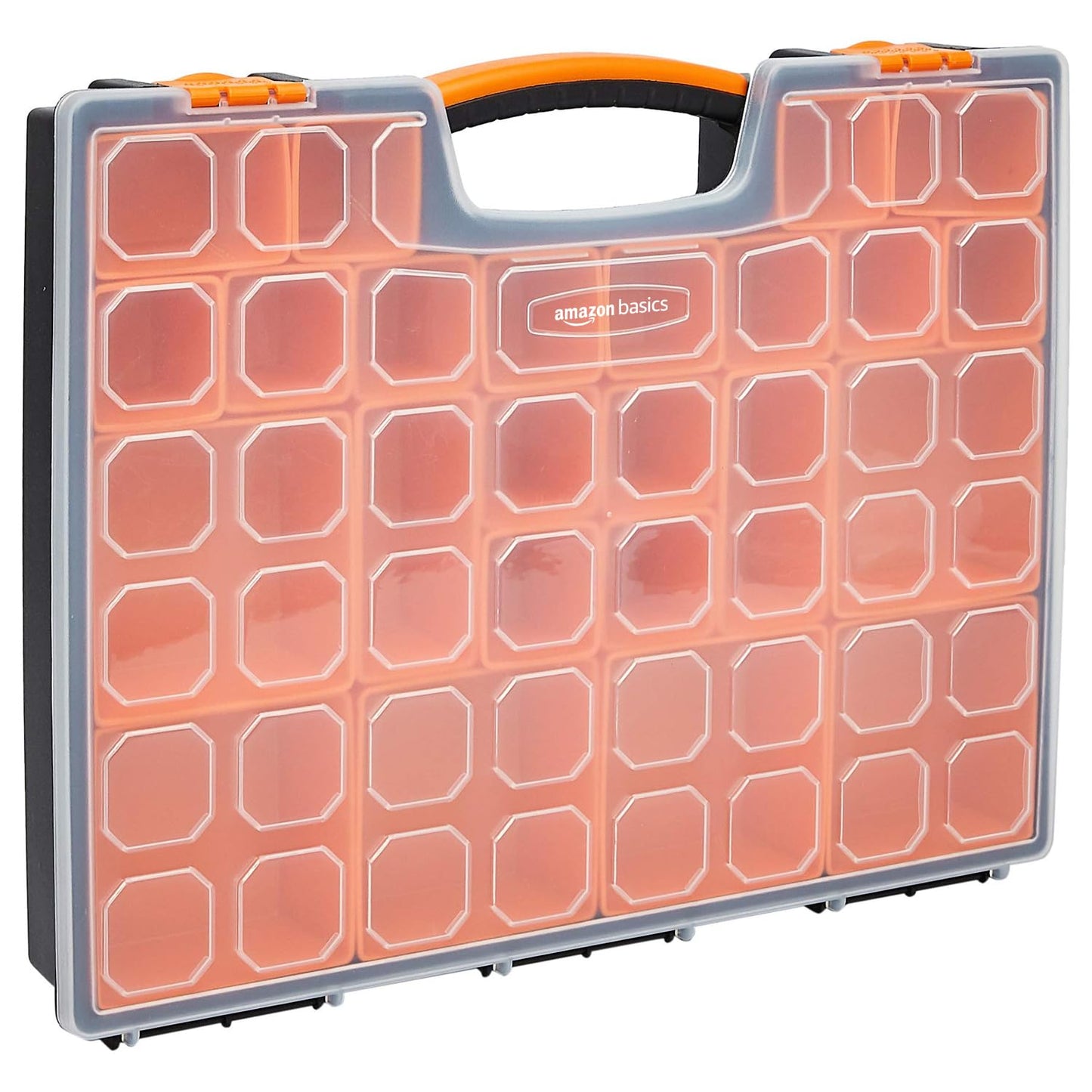 Amazon Basics 19-Removable Compartment Small Parts Organizer, Portable Hardware Storage Box with Customizable Compartments, Black, Orange, 16.5 x 13.2 x 2.4 inches