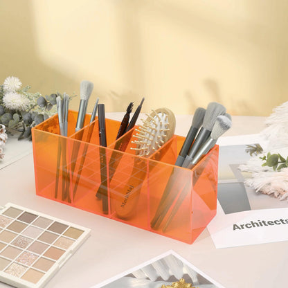 HappyDino Pen Holder for Desk Neon Acrylic Pencil Holder Cup Makeup Brush Storage Organizer for Vanity, Neon Orange