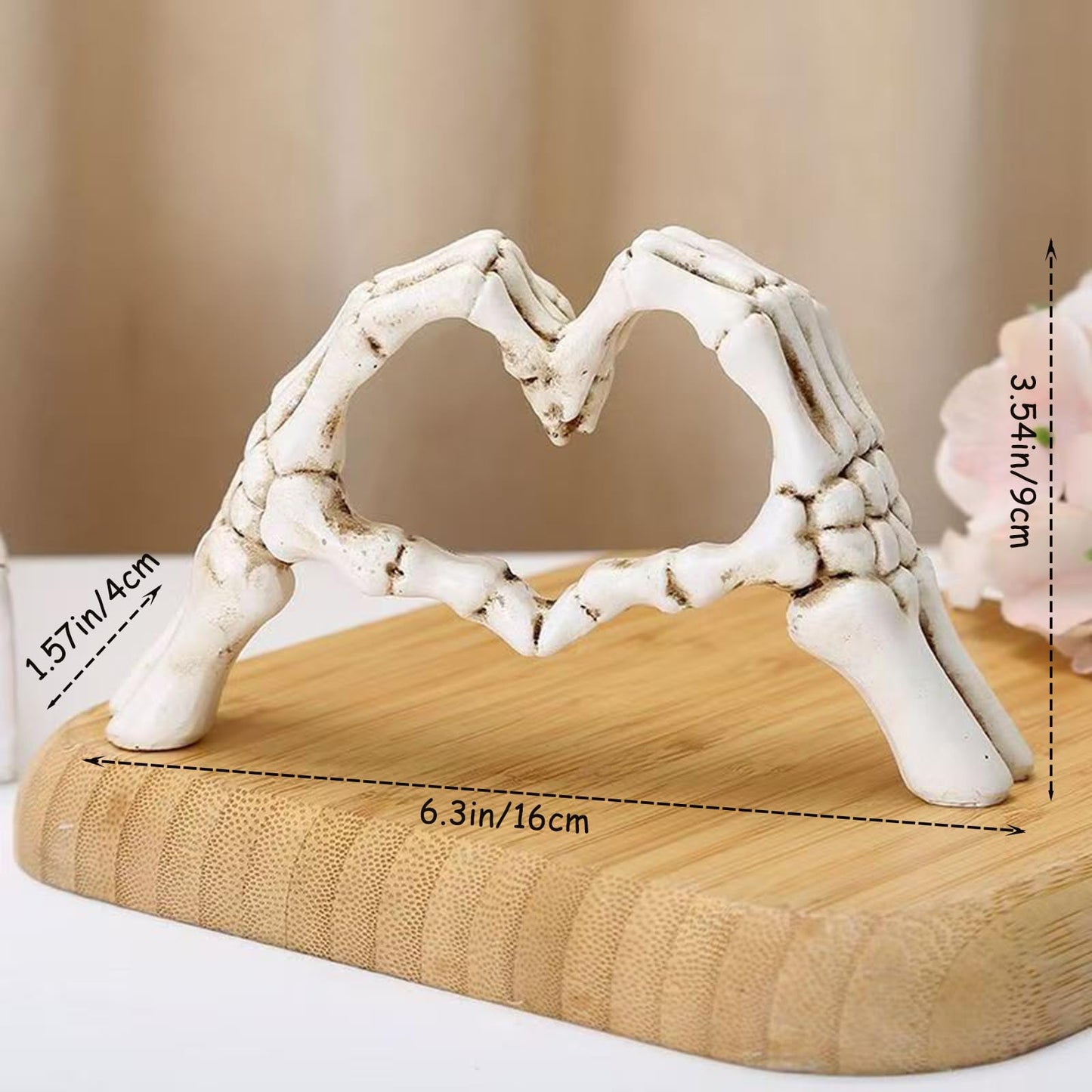 Gothic Skeleton Hand Heart Sculpture - Resin Skull Love Sign Statue, Halloween and Gothic Home Decor, Wedding Gift, Shelf Desktop Ornament (6.3")