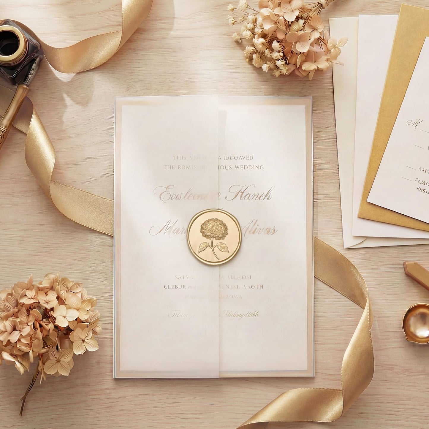 UNIQOOO Wax Seal Stickers - 3D Hydrangea Floral Wedding Invitation Envelope Seal Stickers, 50 Pcs Self- Adhesive Light Gold Stickers, Perfect for Invitation, Christmas, Gift Wrapping