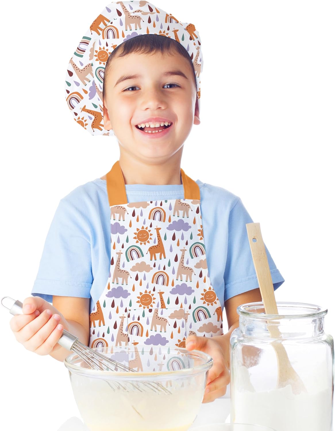 Kids Apron with Pocket & Chef Hat - Water Resistant Toddler Apron for Cooking