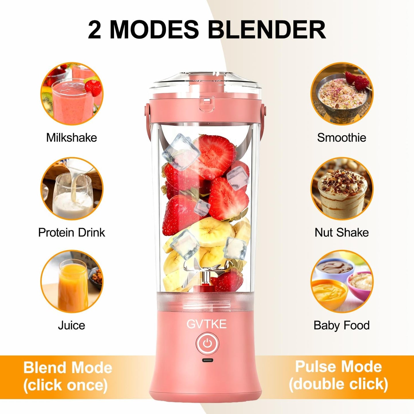 18000RPM 20Oz Frozen Portable Blender Dual Mode Blending Cup Ice Crushing Smoothie Fruit Mini Home Gym Travel(Pink)