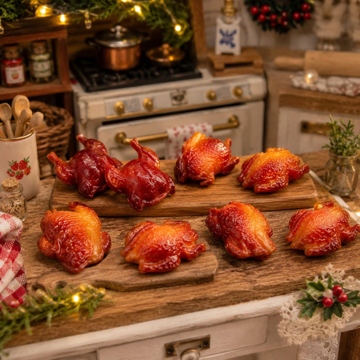 LOGOFUN 9PCS Dollhouse Miniature Food Play Christmas Roast Chicken Duck Goose Model Accessories for Micro Scene Kitchen Supplies