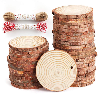 50Pcs Wood Slices for Crafts, 2.4"-2.8" Unfinished Wood Circles for Crafts with Pre-drilled Hole and String, Unfinished Wood Rounds for Home Decor, Painting, Wooden Coasters, DIY, Party Wedding Decor