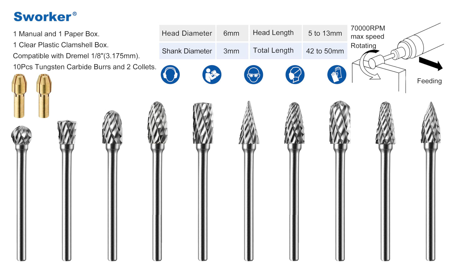Sworker 10 Pcs Carbide Burr Set 1/8" Shank w/ 2 Collets Compatible with Dremel Bits Rotary Tools Attachment Kit Rasp Drill File Accessories Metal Wood Stone Steel Grinding Carving Cutting Polishing