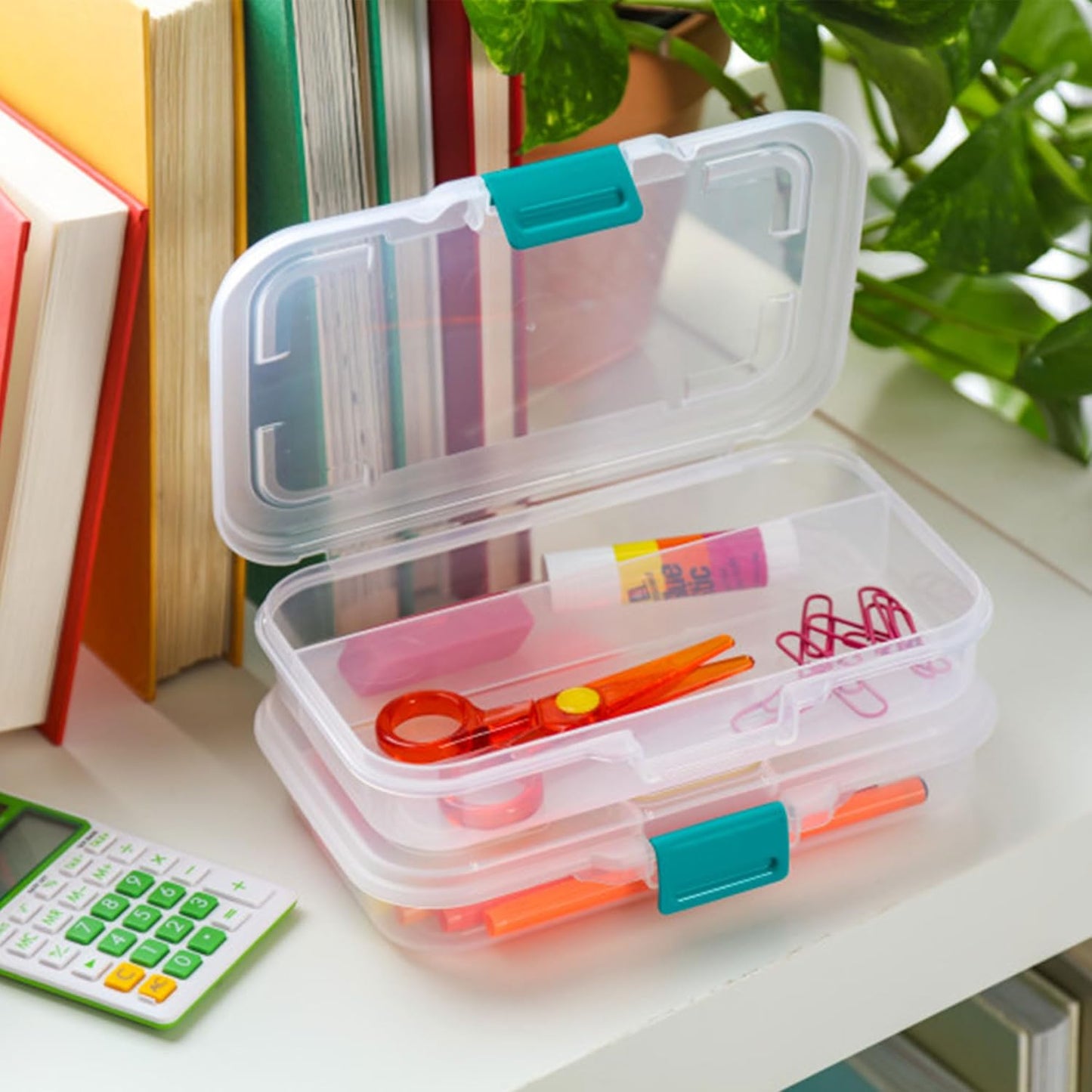 Sterilite Small Divided Pencil Box, Stackable Plastic Storage Container with Latching Lid, Clear Case, 12 Pack
