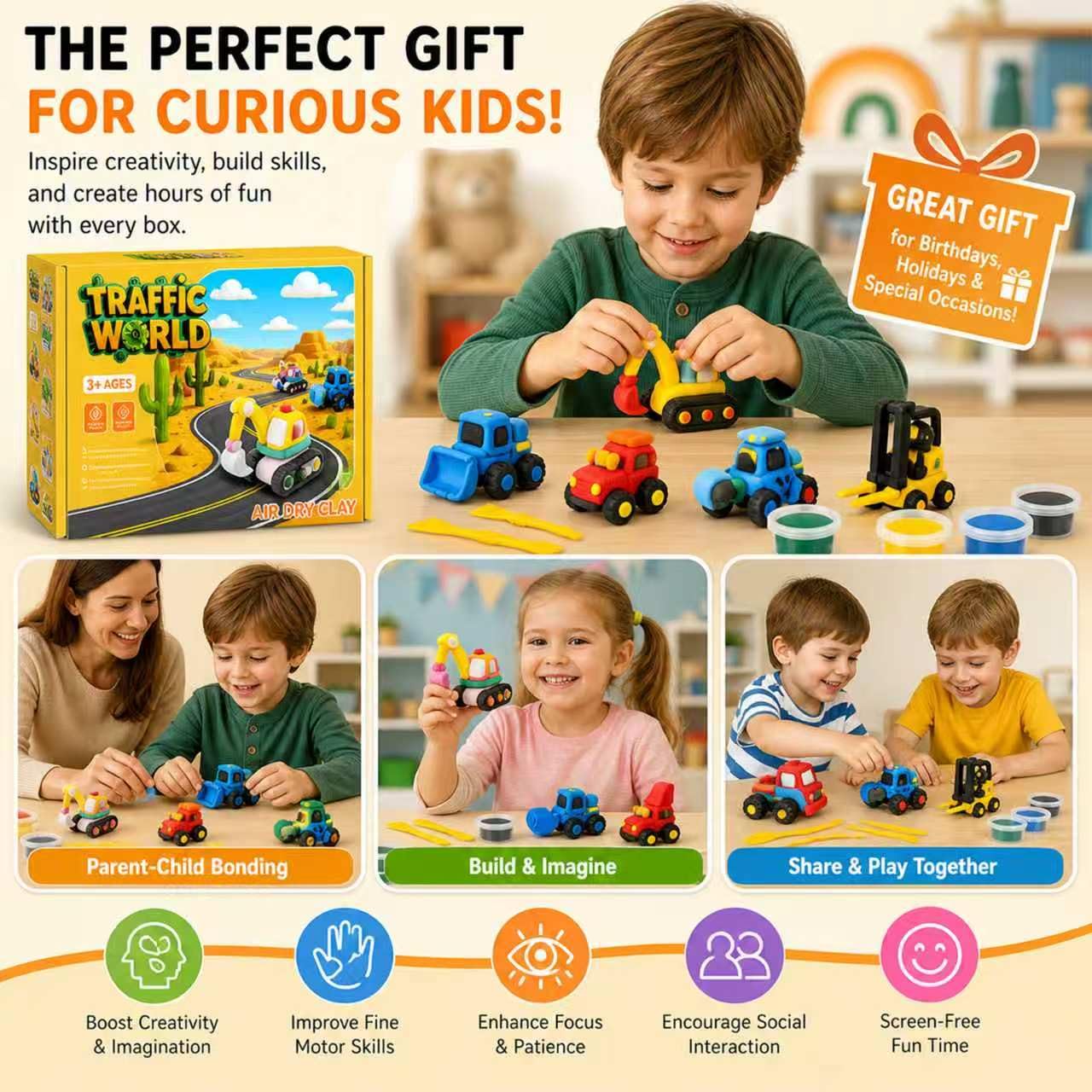Air Dry Clay Kit for Kids – 12 Pack Construction Vehicles Modeling Clay Set, DIY Art Crafts with Sculpting Tools & Tutorials, Ultra Light Soft Magic Clay Car, Birthday Party Favors for Boys Girls
