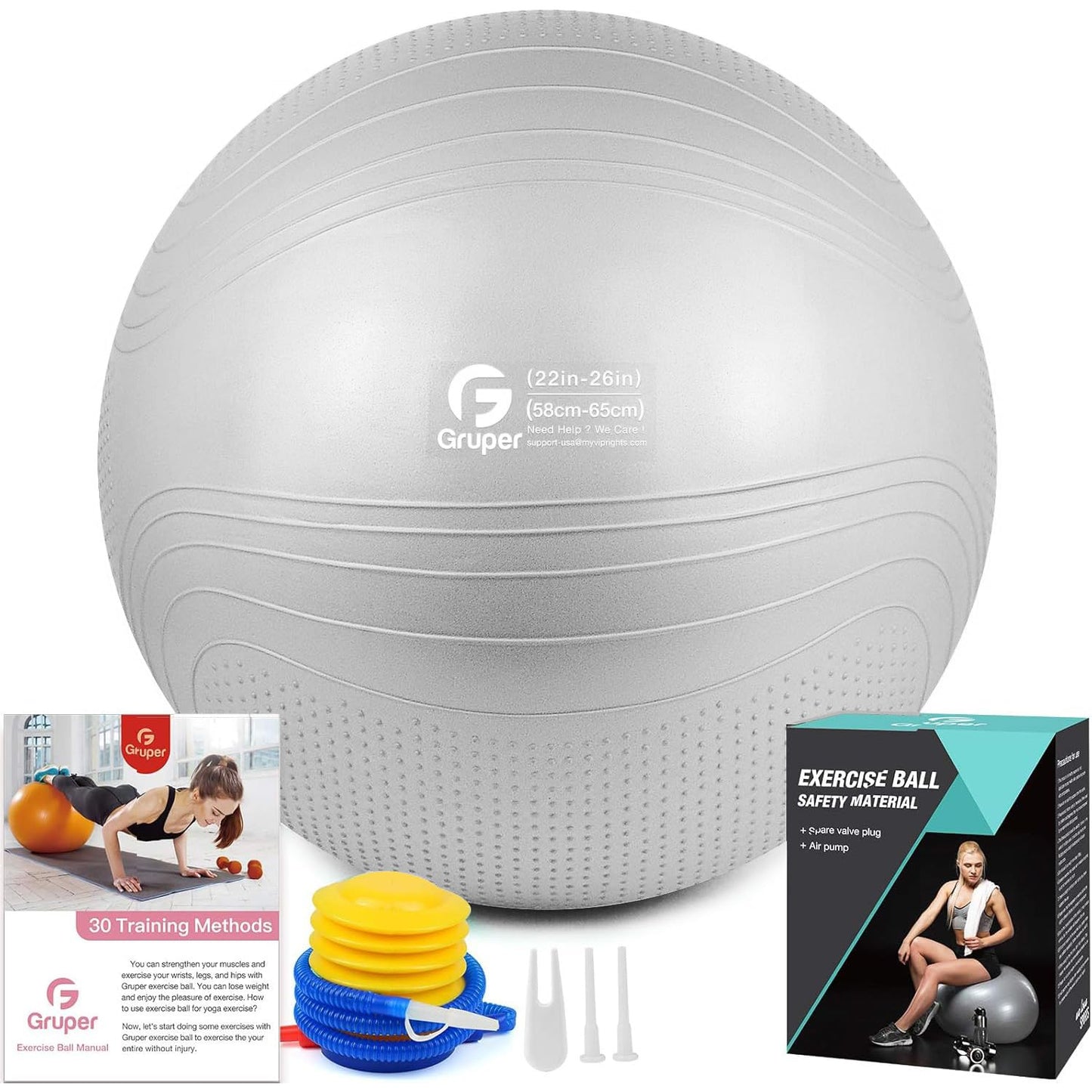 Gruper Yoga Ball, Multiple Sizes Non Slip Exercise Ball for Workout, Birthing, Balance, Stability, Pregnancy, 2200LB Capacity, Anti Burst Chair for Home and Office, Includes Quick Pump & Fitness Guide
