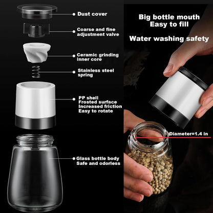 Premium Salt and Pepper Grinder Set of 4, Refillable Manual Salt and Pepper Mill, Adjustable Ceramic, Glass Shaker