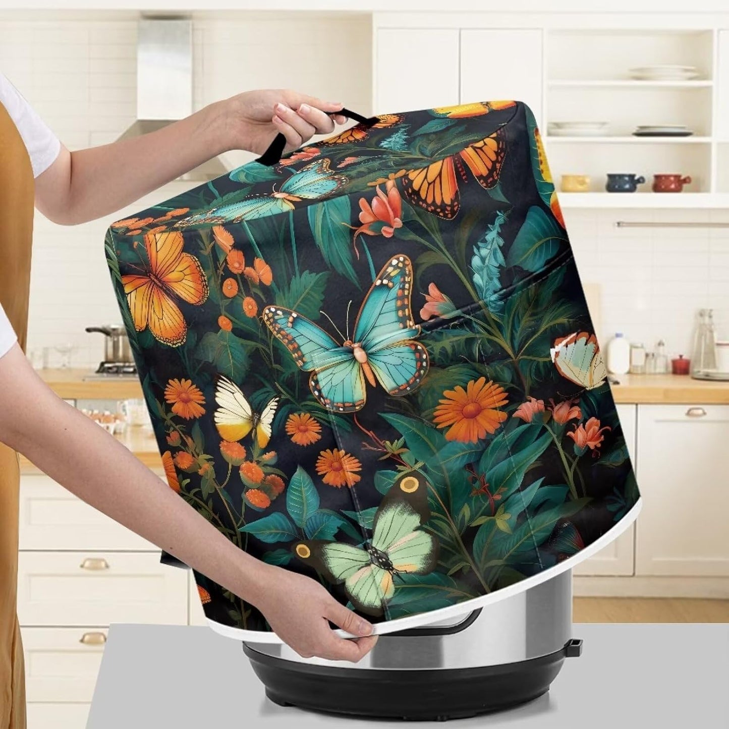 Colorful Butterfly Grass Pressure Cooker Cover, Dust-Proof Kitchen Appliance Cover for 3 Quart Instant Pot