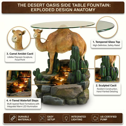 Camel & Cacti 4-Tier Waterfall Outdoor Indoor Side Table 22.8" H Glass Top Fountain with LED Lights Resin Desert Decor End Table for Garden Patio Living Room Balcony