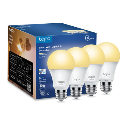 Tapo TP-Link Smart Light Bulbs - Natural Daylight, Dimmable, Compatible w/Alexa and Google Home, A60 Bulb/E27 Base, 60W Equivalent, 800LM CRI>90, 2.4GHz WiFi Only, No Hub Required, L520E(4-Pack)