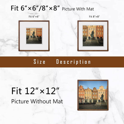 12x12 8x8 6x6 Square Walnut Wood Picture Frame with Tempered Glass Double Mat for or Photos, Handcrafted Natural Wood