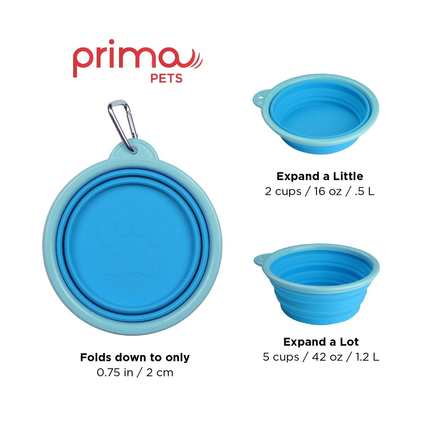 Prima Pet Expandable / Collapsible Silicone Food & Water Travel Bowl with Clip for Medium & Large Dog, Portable and Durable Pop-up Feeder for Convenient On-the-go Feeding, Size: 5 Cups (7 Inch Diameter Bowl) (LARGE (5 CUPS), AQUA)