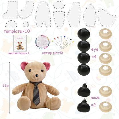 Nuvani 11in 10pcs Acrylic Memory Bear Template Ruler Set - Beginners Friendly Quilting Sewing Templates with Detailed Instruction Manual & Video Tutorials, Safety Eyes, Noses & Pins