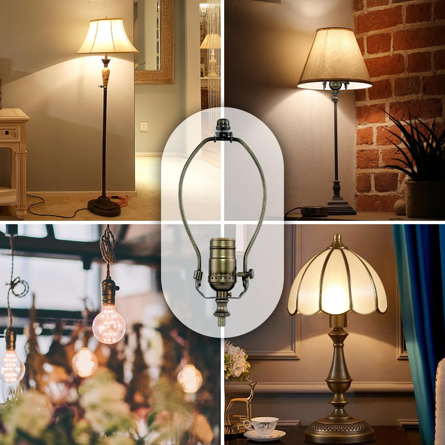 Lamp Rewire Kit - 3-Way Socket With Matching Cord and Harp Set for Table or Floor Lamp Repair, Essential Hardware for DIY Design (Antique Brass, 1)