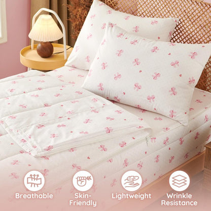 Erwinmu Kids Comforter Sets Bow Printed Zipper Bedding Sets for Girls, 3pcs Brown All in one Bed in a Bag, Easy to Make and Wash Includes Fitted Sheet and Pillow Sham, Twin