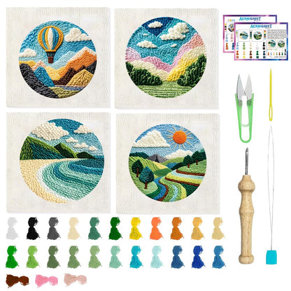 ACRNIGHEET 4Pcs Punch Needle Kits for Adults Beginners Include Instructions, Landscape Punch Needle Embroidery Kit, Pre-Printed Pattern, Embroidery Hoop, Yarns, Needles, DIY Crafts Gifts Idea