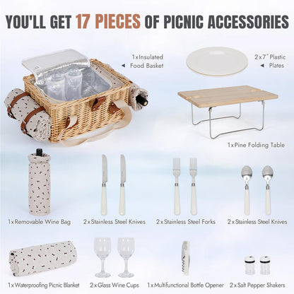 HappyPicnic Picnic Basket for 2, Handmade Wicker Picnic Set with Folding Table and Waterproof Blanket, Large Insulated Picnic Basket with Wine Bag & Cutlery Kit for Picnic, Camping, Holidays (Cherry)