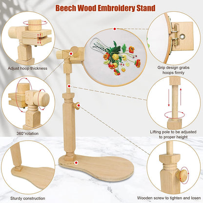 Embroidery Hoop Stand - Rotated Cross Stitch Stand Lap, Easy to Use Natural Beech Wood Embroidery Hoop Holder, Hands Cross Stitch Stand for Art Craft Sewing Needlework Projects