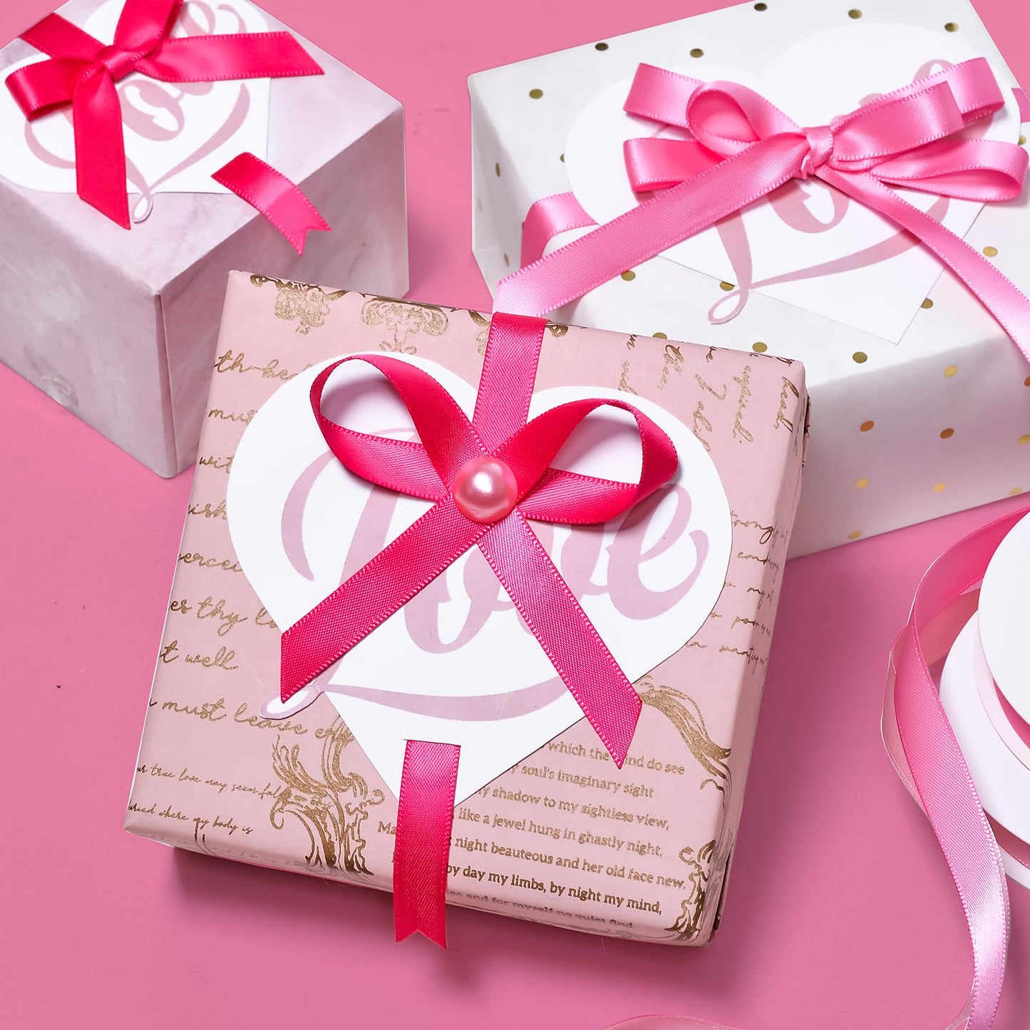 Ribest Pink Double Faced Satin Ribbon Set, 3/8 Inch White, Light Pink, Pink, Hot Pink, Fuchsia Ribbons for Valentine's Day Gift Wrapping Crafts Wedding Baby Shower, 5 Rolls × 10 Yards Total 50 Yards