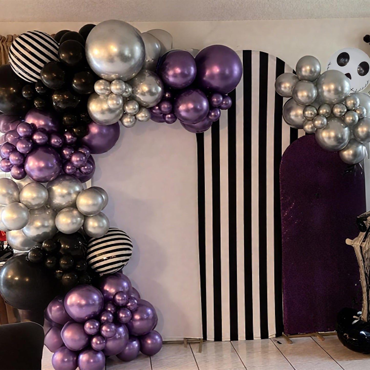 Skull Halloween Birthday Party Decorations Metallic Purple Black Silver Balloon Garland Arch Kit with Stripe Skull Balloons for Ghost Skeleton Trunk or Treat Halloween Birthday Baby Shower Decorations