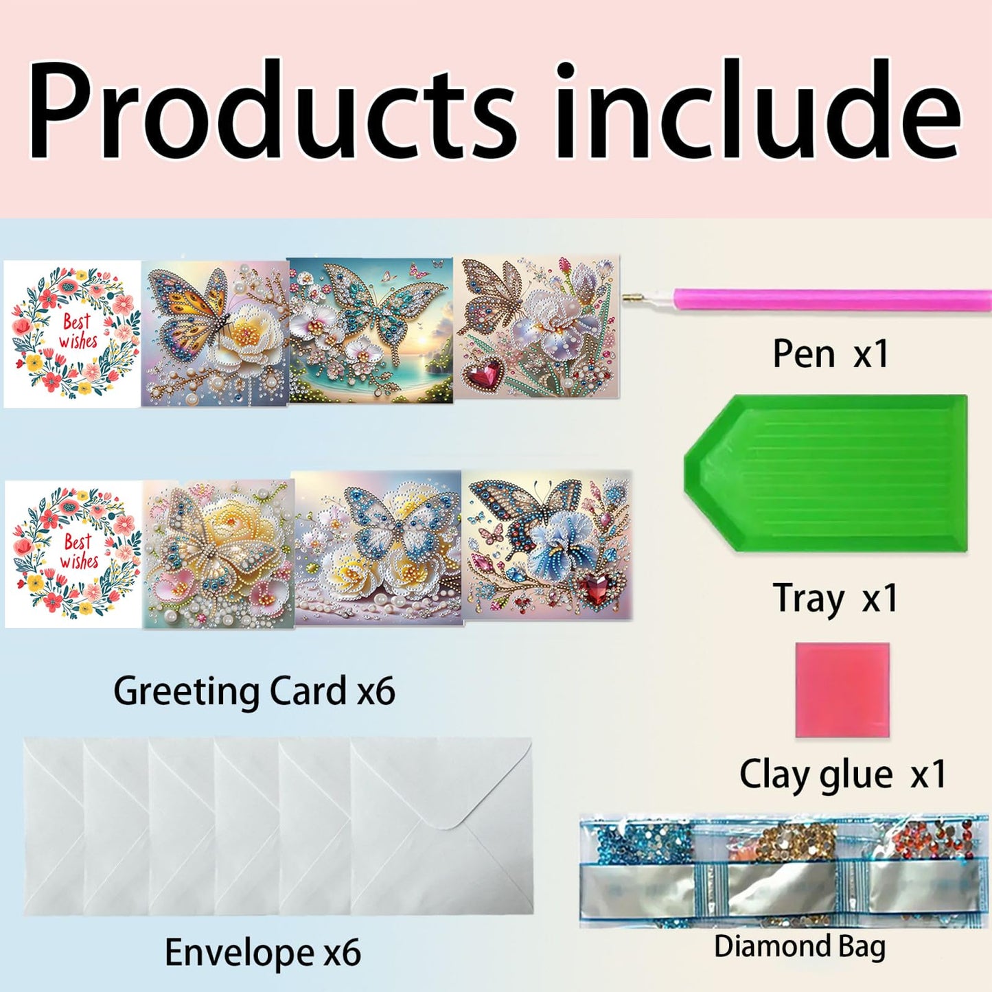 Xylzzuit 6Pcs Diamond Art Painting Greeting Card with Envelopes Holiday Folding Thank You Cards Gem by Numbers Craft Blessing Gift for Family Friend Birthday (Butterfly03)