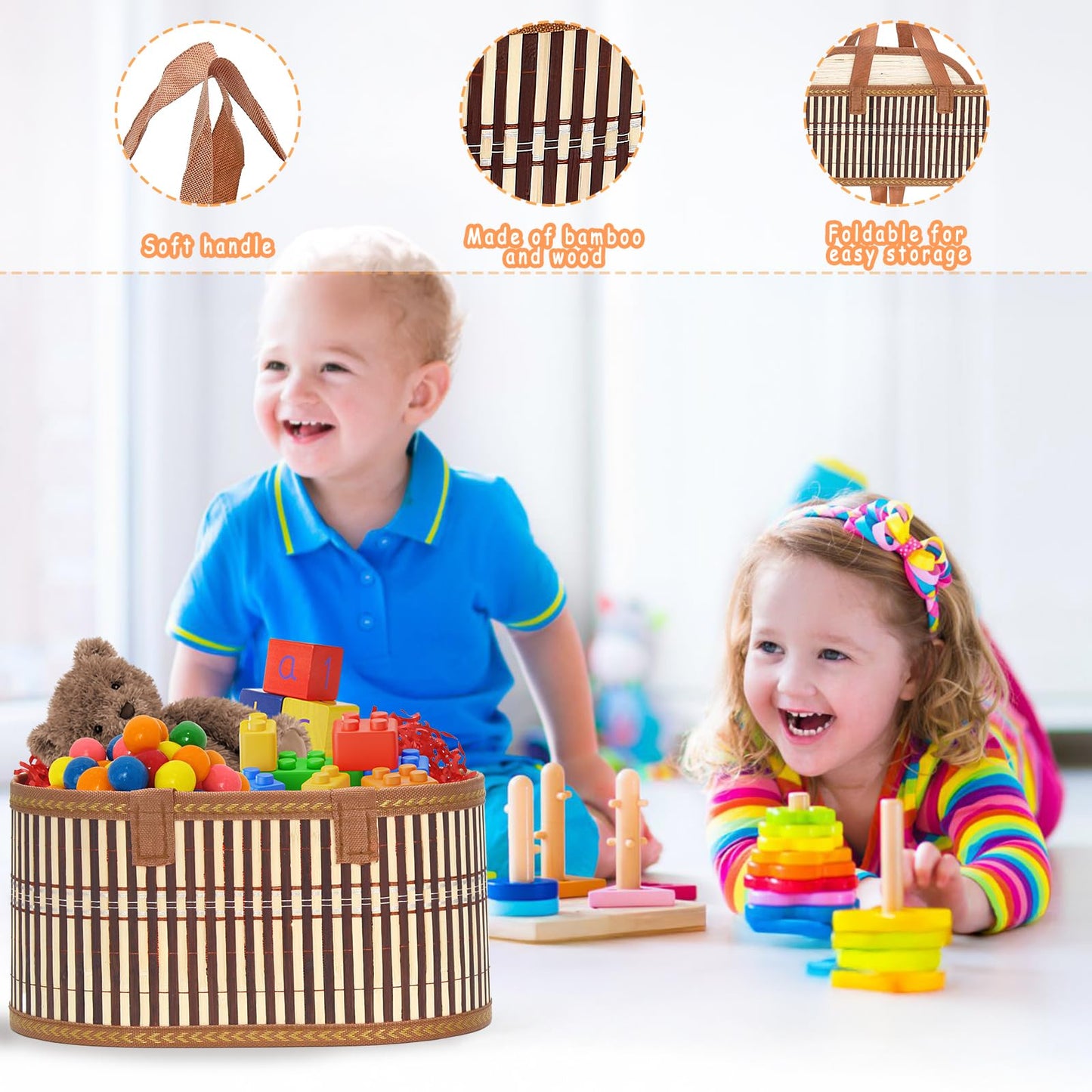 Mapaim 4 Set Bamboo Gift Baskets Empty, Foldable Woven Storage Basket with Handle, Gift Basket Kit with Wrap, Bows & Cards, Empty Gift Baskets to Fill for Baby Shower, Wedding, Holiday Gifts (Oval)